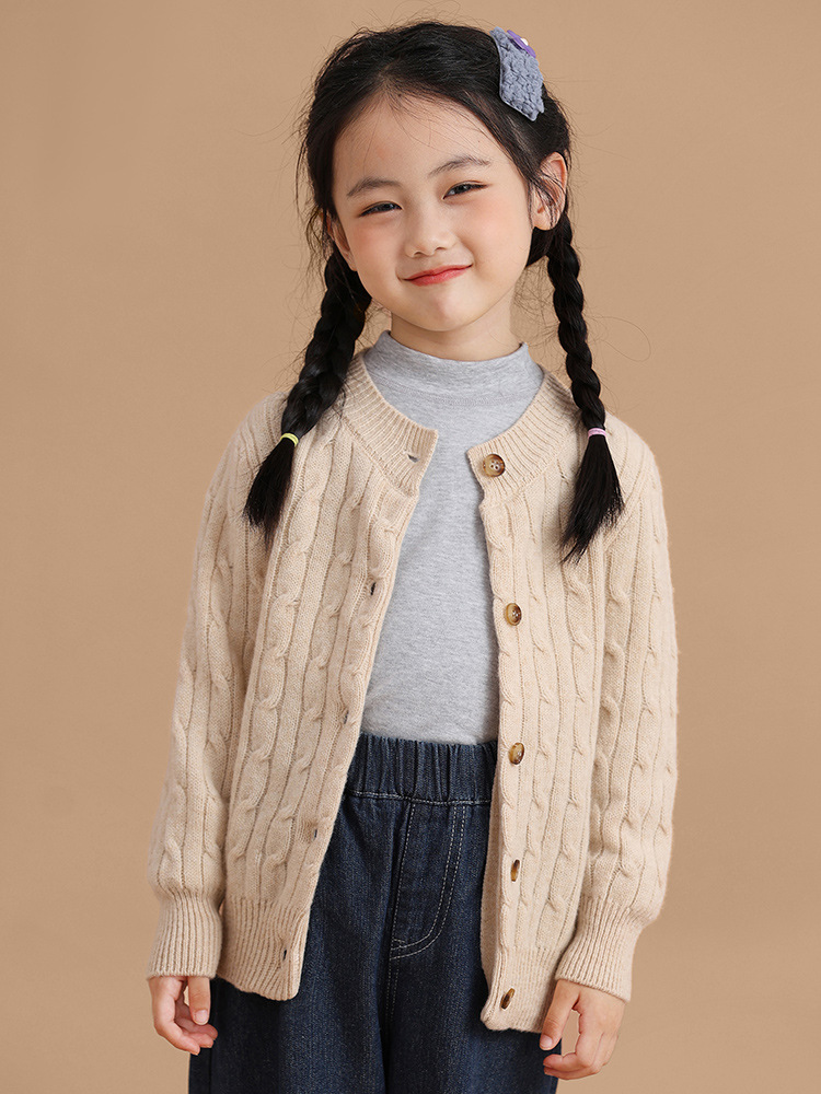 男女子供100% 純ウールクラシックレトロ麻花ニットカーディガン厚手丸襟純色洋気セーター潮