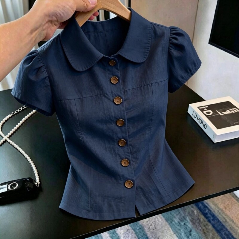 French-Style Design Waist-Cinching Slimming Shirt for Women, Dark Blue Doll Collar Unique Top, Doll Collar Shirt French-Style Design Waist-Cinching Slimming Shirt for Women, Dark Blue Doll Collar Unique Top, Doll Collar Shirt