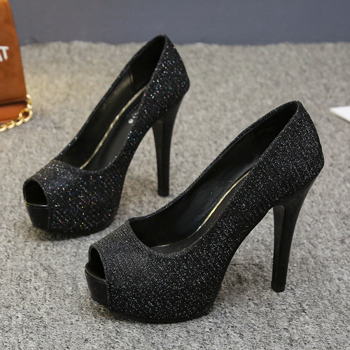 Spring and Autumn Women's Waterproof Platform Heel Very High Thin Heel Fish Mouth Slip-On Shoes with Gold Powder Sparkling High Heels