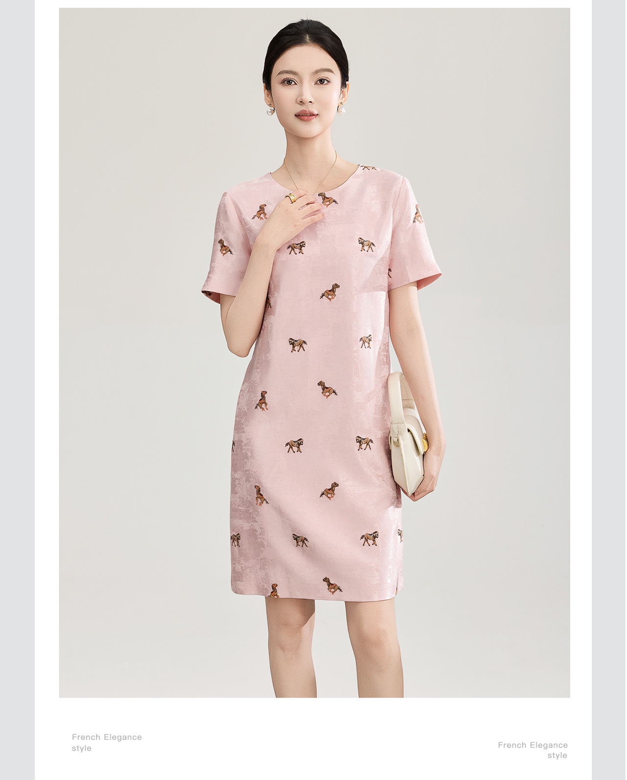 Đầm maxi nữ tay ngắn thêu hoa văn jacquard, chất liệu linen phối ren — màu hồng chi tiết 8