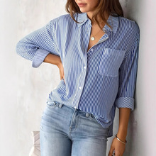 加工定制亚马逊外贸欧美女装wish速卖上衣宽松休闲长袖衬衣条纹