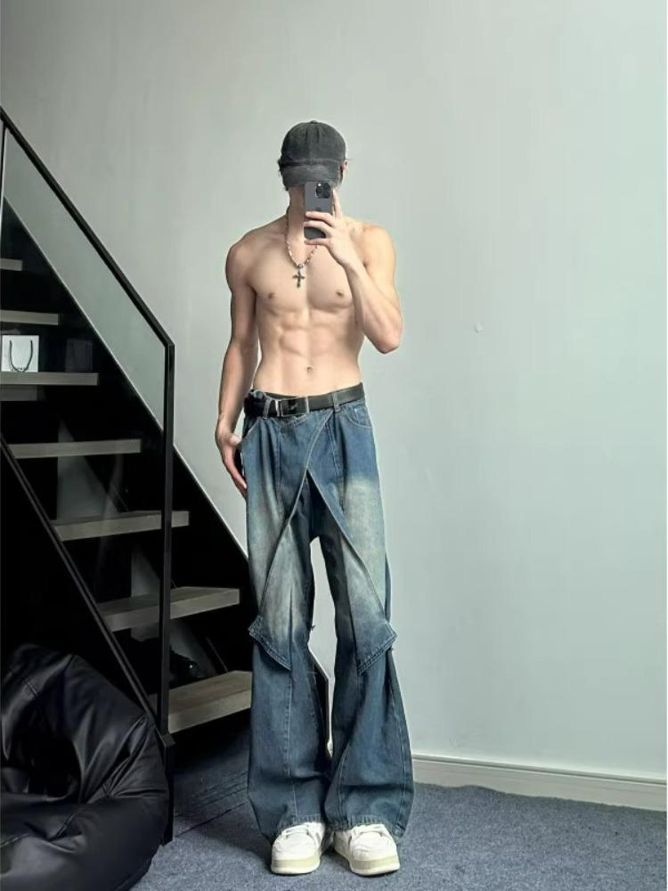 boy Black Cargo Jeans For Men, Design Sense Deconstructed Pants, European And American High Street Tall Flared Pants_voghion.com