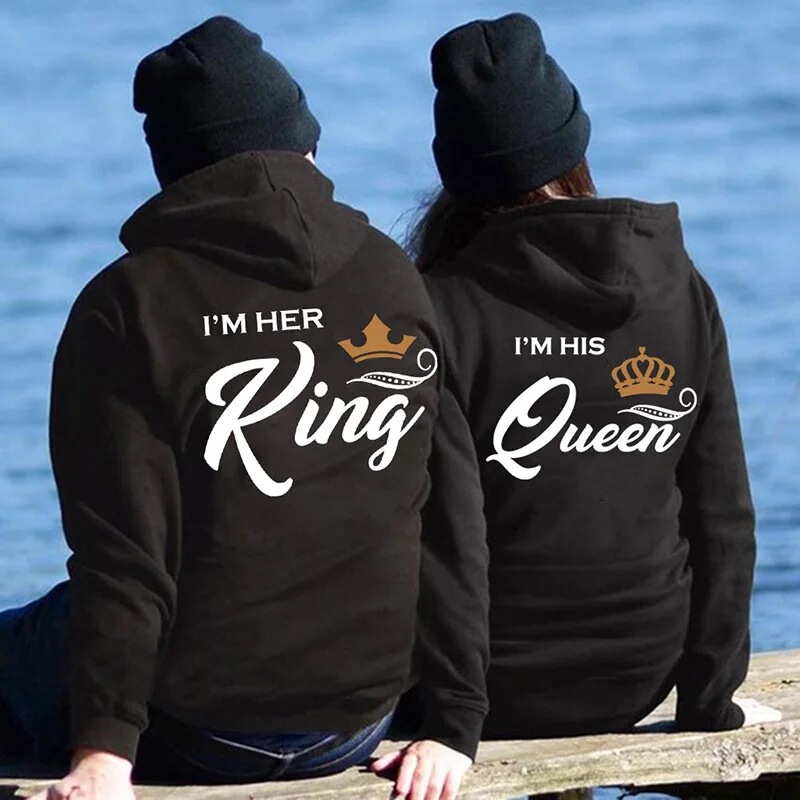 Her King His Queen Personalized Printed Pullover Hoodie Harajuku Fashion Casual Men and Women Couple Style Cross-Border