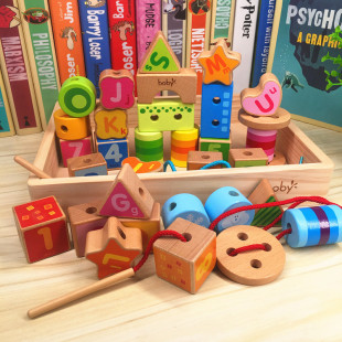 Bobbi wooden box beaded Building Blocks Children's 3456-year-old threading Puzzle Block building