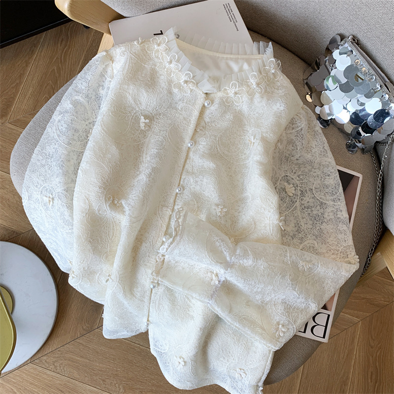 Real Shot Celebrity Style Lace Collar Flower Embroidery Ear Lace Chiffon Shirt Horn Sleeve Crochet Shirt