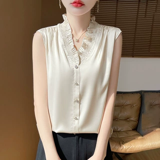 醋酸花边无袖衬衫短袖上衣女夏高级感缎面无袖背心t恤女设计感