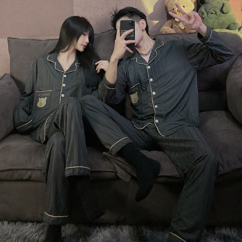 Pijamas de pareja de dragón negro primavera y otoño de manga larga de algodón puro de las mujeres 2024