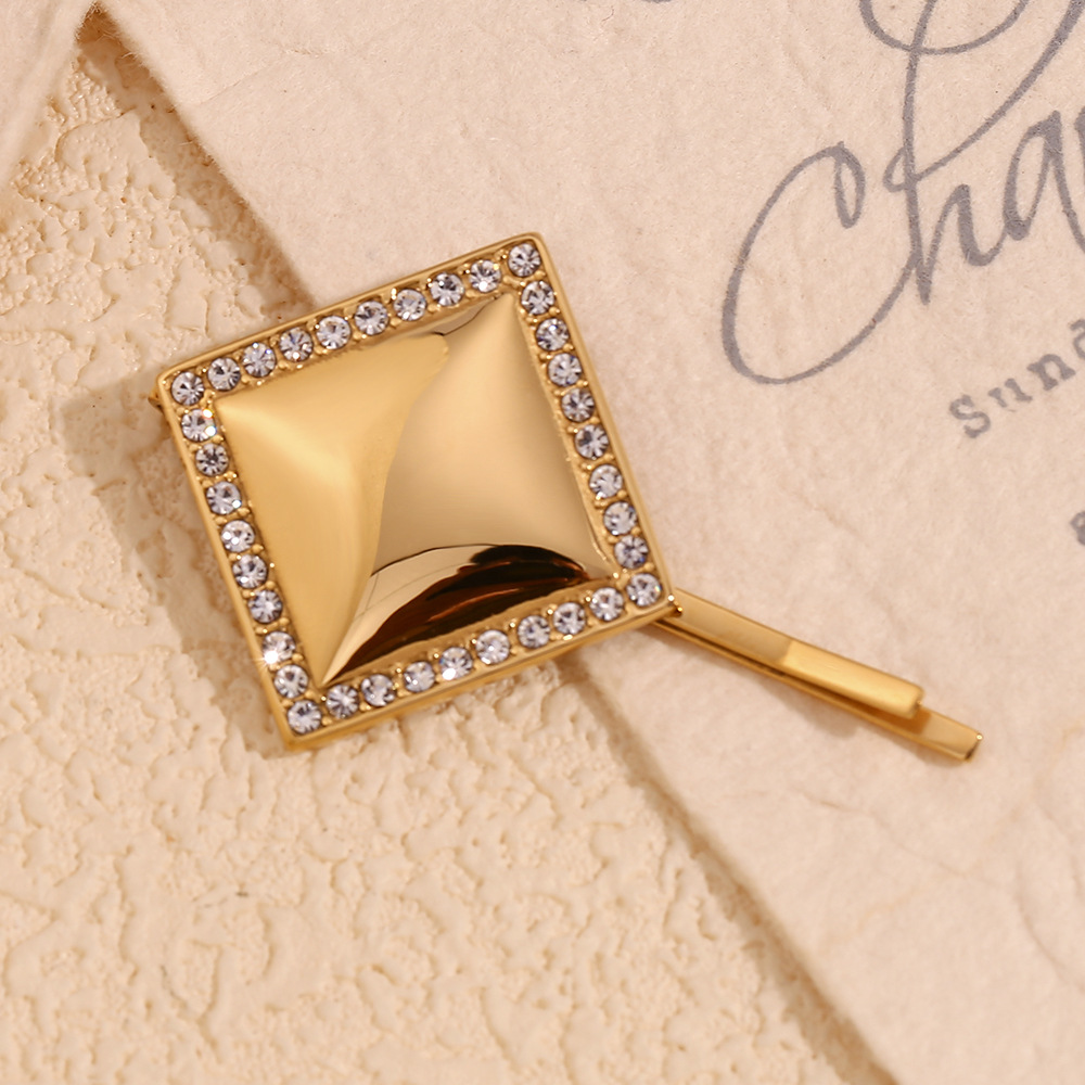 Unisex Mode einfache geometrische Design Haarschmuck Edelstahl vergoldet glatte quadratische Kante Diamant Haarnadel_voghion.com