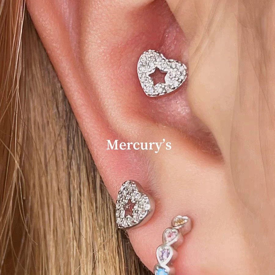 Mercurys полные бриллиантовые любовь полое звезда ушная косточка гвозь ниша дизайн ушной гвозь мини ушной гнездо гвозь пятиконечная звезда