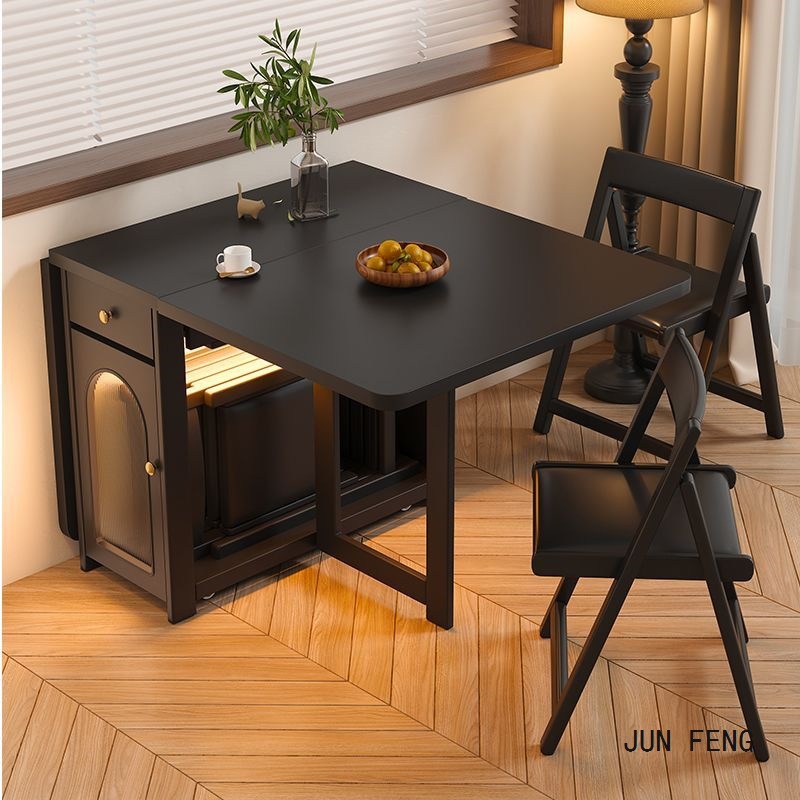 All Solid Wood Folding Dining Table for Home Black Retro Folding Table Small Apartment Modern Simple Retractable Mobile Dining Table