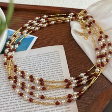 新中式仿真鸽血红红宝石施家珍珠满天星锁骨链项链颈链