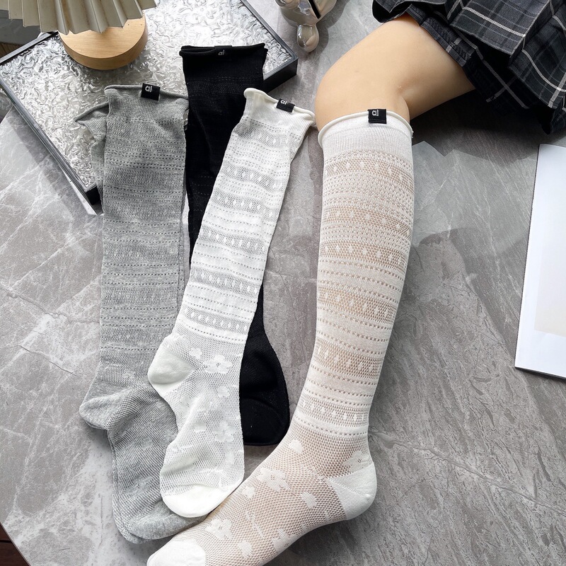 Spring and Summer High-End Al Label Letter Socks, Long Knee-High Socks for Women, Jk Style Slimming Ultra-Thin Hollow-Out Fashionable Calf Socks