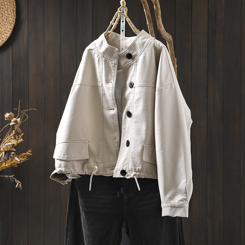 pu leather coat 2025 spring new hem drawstring stand collar leather women's short biker jacket 81337