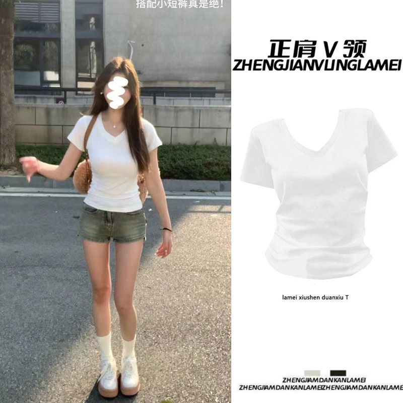 기본 V 넥 어깨 여름 스타일 순수한 달콤한 스파이스 걸스 슬림 핏 슬리밍 올매치 베이스 셔츠 아이스 실크 티셔츠