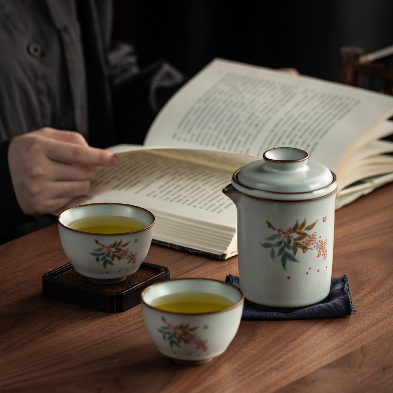 Чайный набор Ru Kiln Quick Tea Cup в японском стиле, портативный, для путешествий на природе, один чайник, две чашки, керамический набор для чаепития Кунг-фу с глазурью кракле.