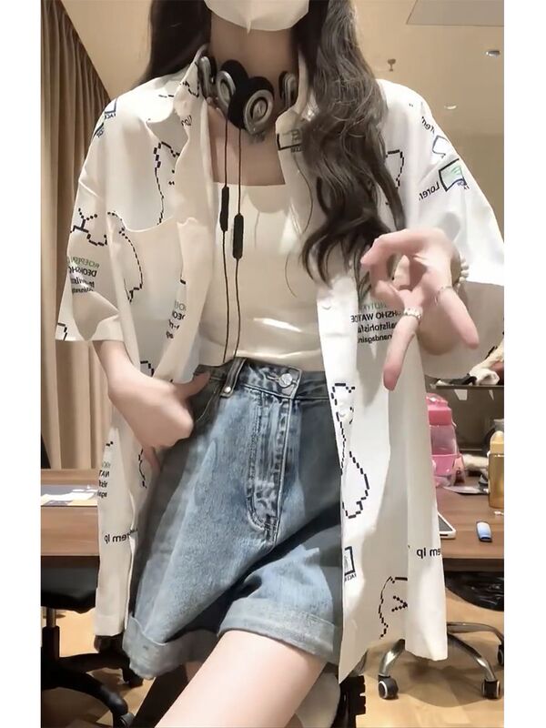 美式复古盐系小熊短袖衬衫女2025夏季chic慵懒衬衣小个子上衣|undefined