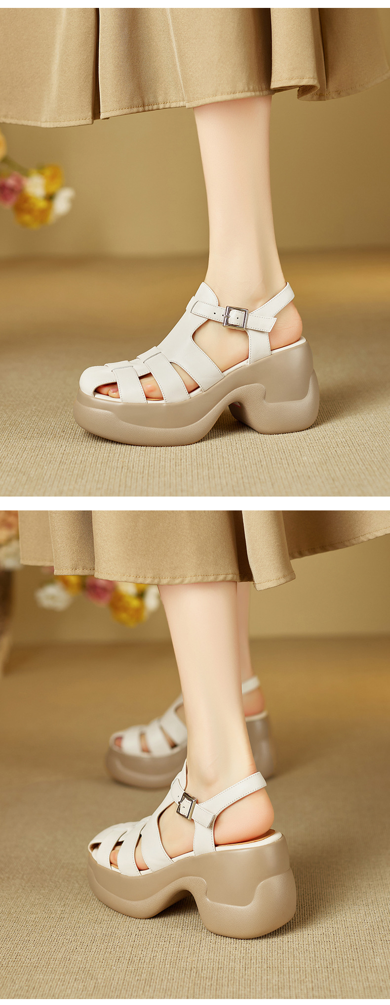 Sandal cao gót nữ mũi bao đế platform 9 cm quai chữ T kiểu La Mã — nâu sẫm chi tiết 8