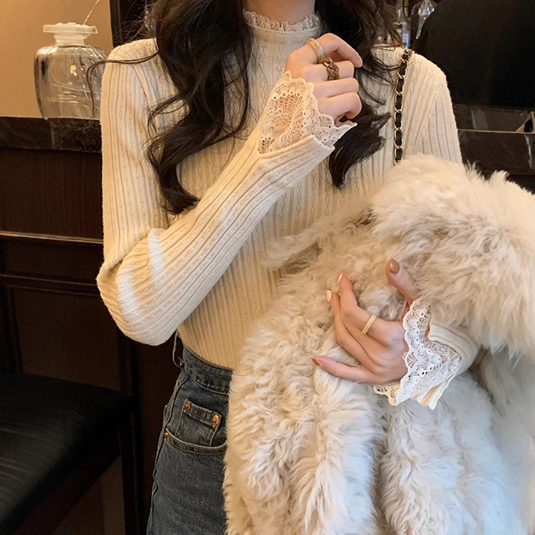 Lace Base Shirt Women's Western Style Inner Half-High Neck Slim-Fit Sweater Autumn and Winter Design Sense Mid-Collar Sweater Top Trendy