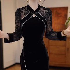 一件代发直播爆款2025秋季新款时尚改良版蕾丝丝绒气质旗袍连衣裙