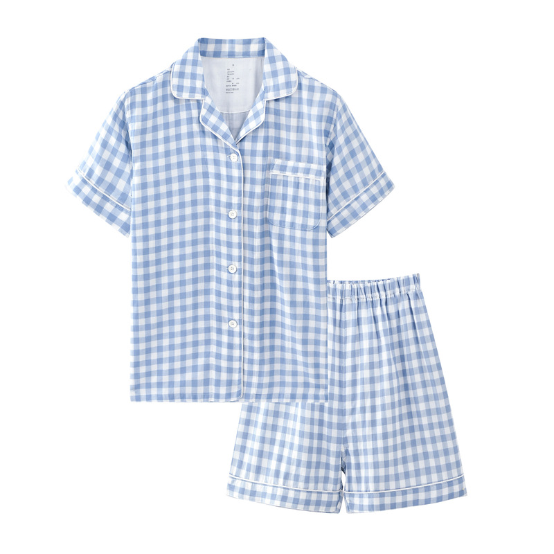 Short-Sleeved Shorts Pajamas Men's and Women's Summer Plaid Double-Layer Yarn Woven Cotton No Side Seam No Print Style Couple's Home Suit Short-Sleeved Shorts Pajamas Men's and Women's Summer Plaid Double-Layer Yarn Woven Cotton No Side Seam No Print Style Couple's Home Suit