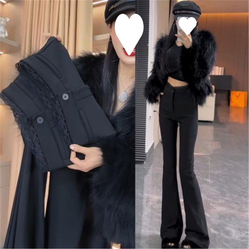 黑色秋冬加绒微喇西装裤女设计感蕾丝拼接高腰裤弹力修身拖地裤女