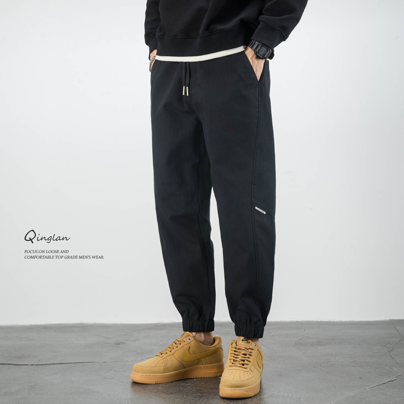 Black Cotton Casual Pants for Men, Loose Fit, Large Size, Jogger Style, Elastic Waist, Autumn and Winter Style, Trendy Work Pants, Fleece-Lined and Thickened