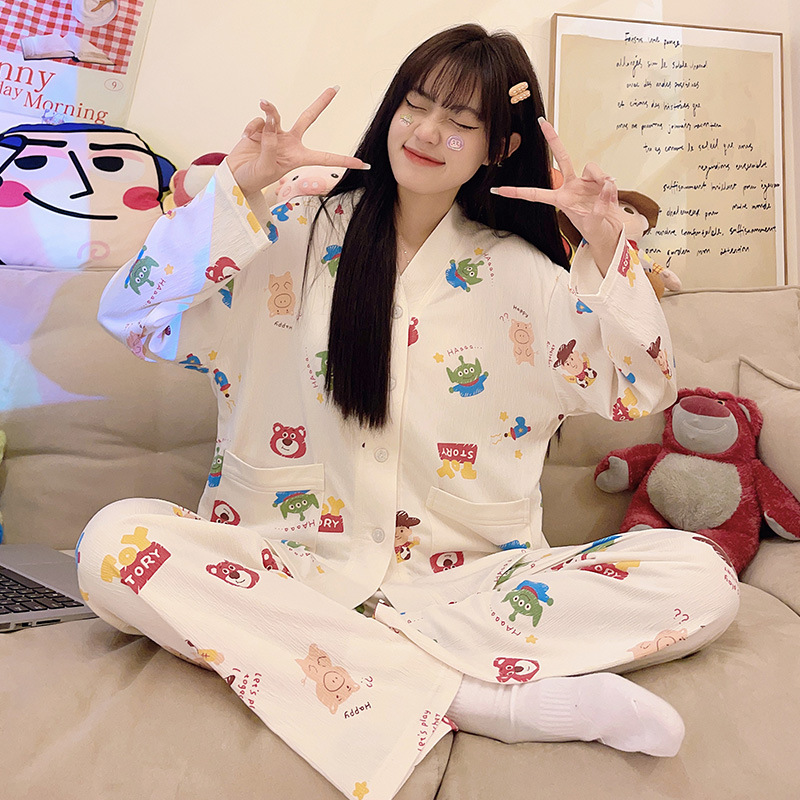 Sweet Girl pijamas mujeres de punto algodón ruffle Otoño Invierno manga larga pantalones y cuello cardigan inicio desgaste traje casual