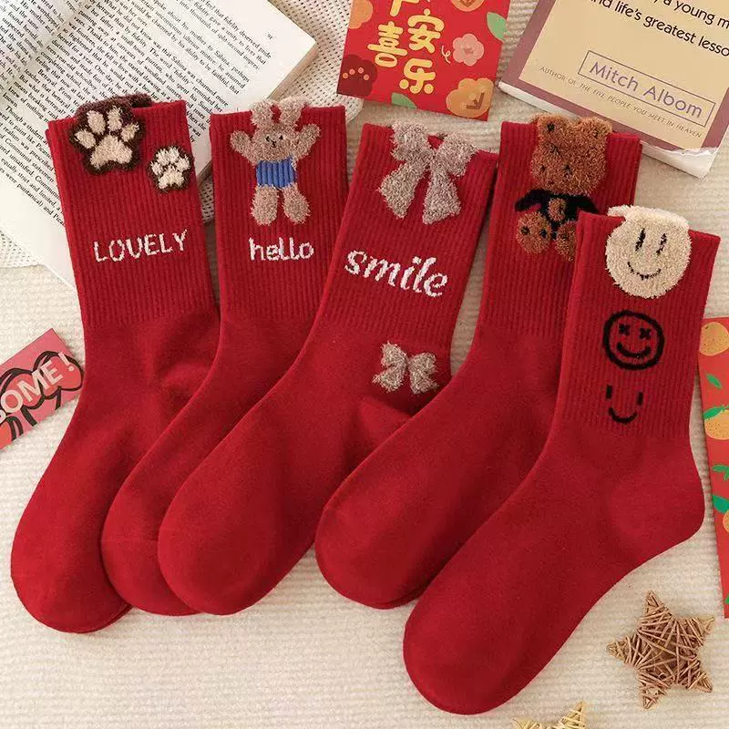 Ретро-носки с бантом для осени и зимы, красные, рождественские, с милым медвежонком, носки-гольфы с символикой знака зодиака, красные чулки