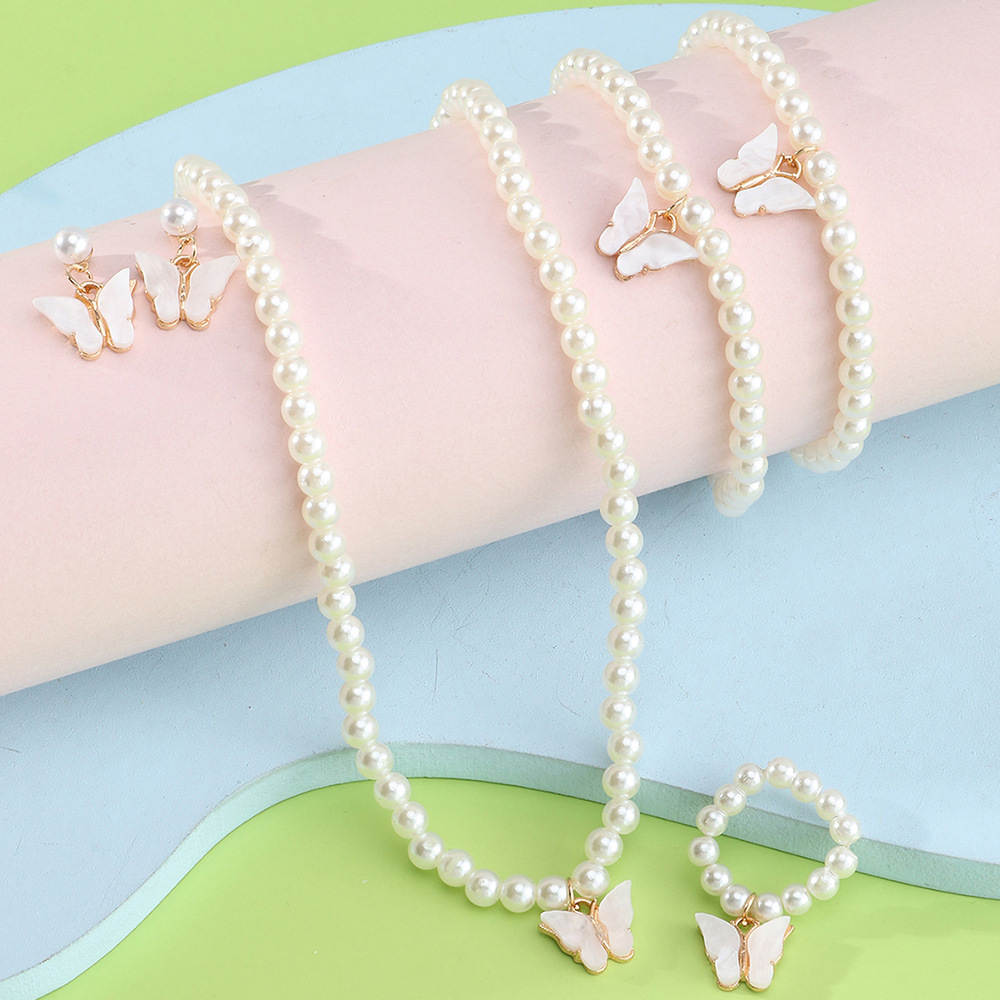 Childrenu0027s Jewelry Korean Simple Style Butterfly Pearl Necklace Ring Bracelet Earring Set