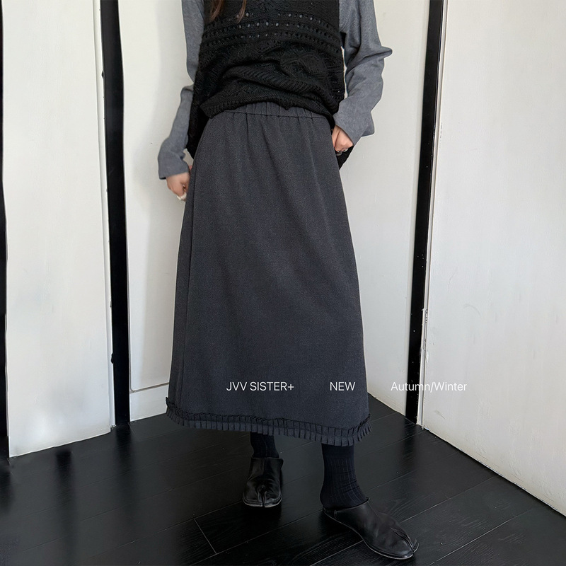 JVV十三行2025秋冬新款高级感重工压褶下摆显瘦直筒半身裙女90637|undefined