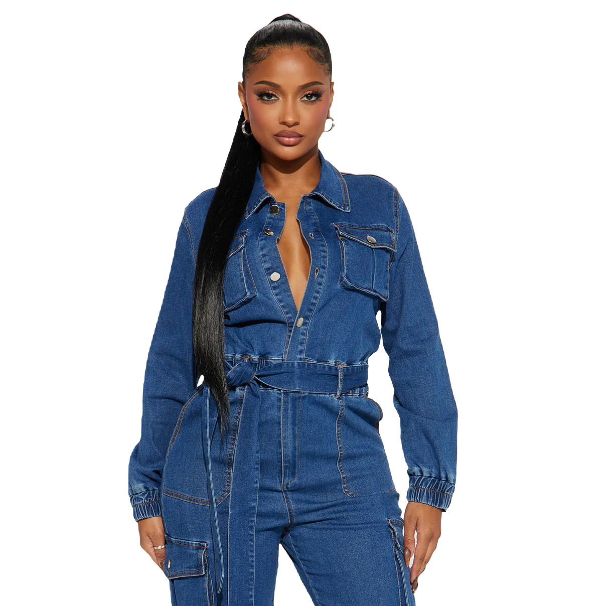 Women's Clothing 3571 New Fashion Street Style Waist hugging Body shaping Multi pocket Elastic Waist Denim Overalls Jumpsuit_voghion.com