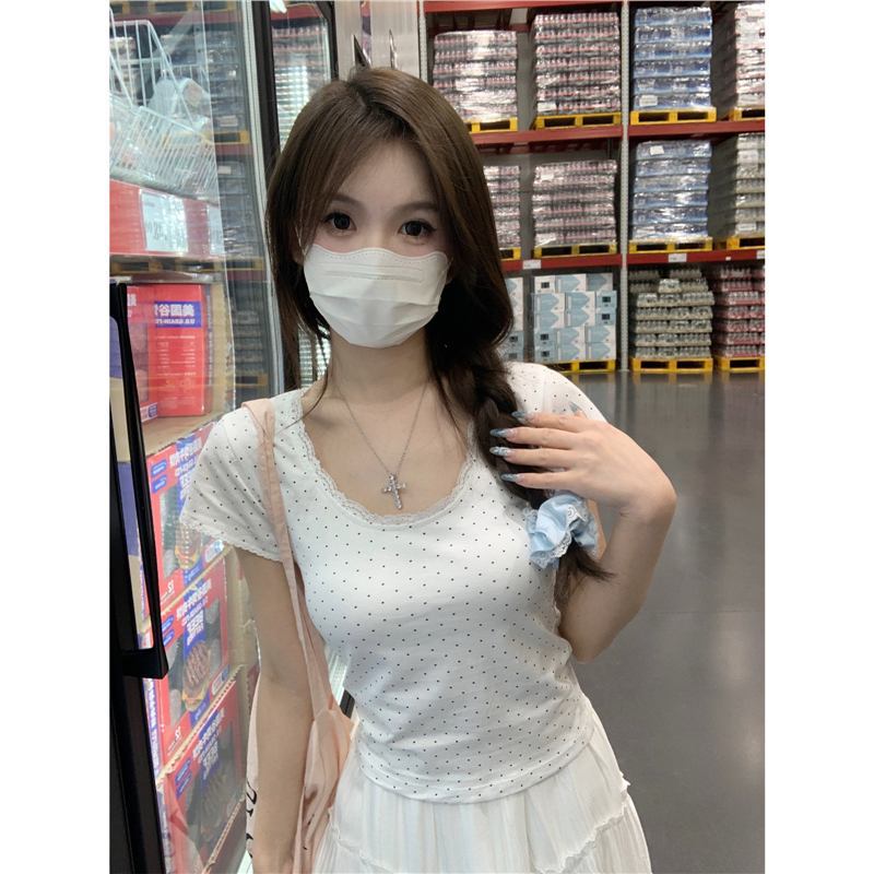 【Modal】New trendy spring-summer Korean style U-neck pure desire lace splicing polka dot design short-sleeve top T-shirt 【Modal】New trendy spring-summer Korean style U-neck pure desire lace splicing polka dot design short-sleeve top T-shirt