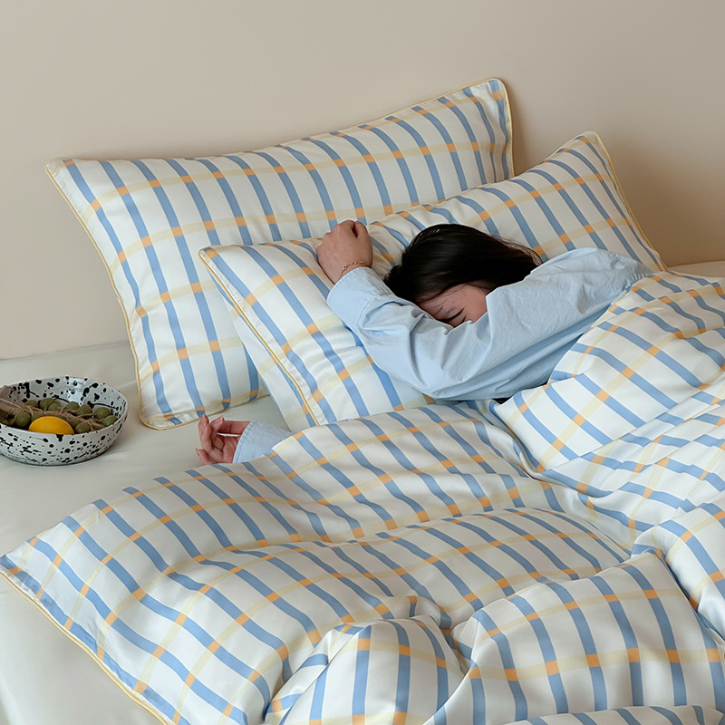 Summer Cool Ice Silk Duvet Cover Set Breathable Blue Bedding_voghion.com