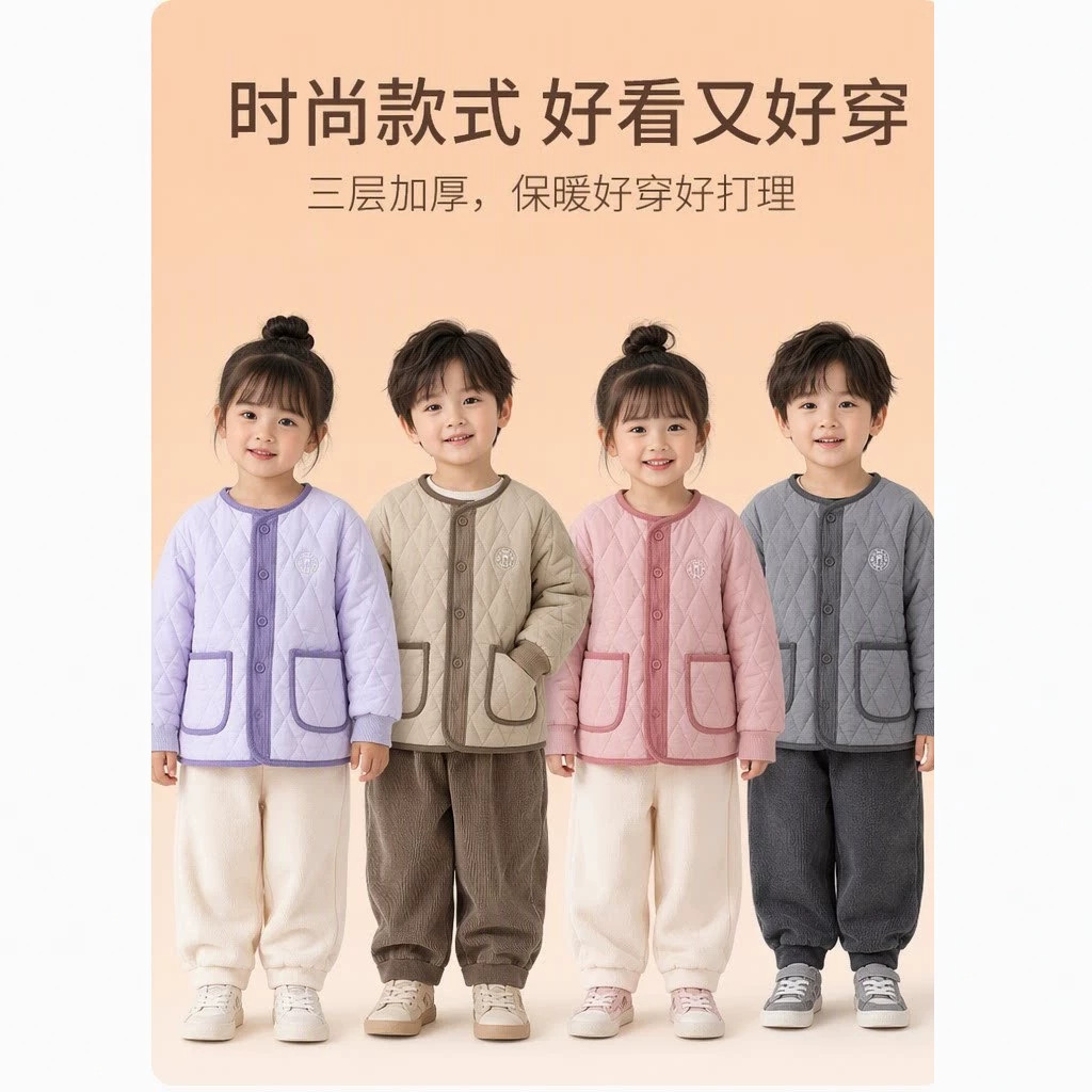 Children's wool school uniform essential, winter inner layer for primary school students, thick cotton-padded jacket, thermal underwear, girls' cotton-padded clothes