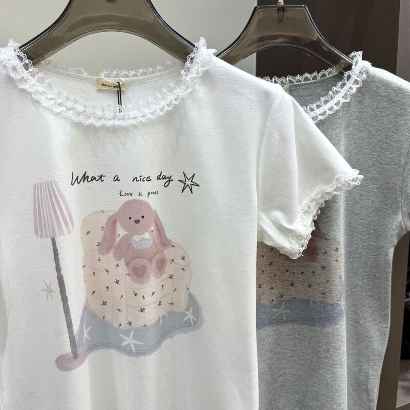 Korean-Style Lakerr Dongdaemun Lace Bedroom Bunny Short-Sleeve T-Shirt for Women, Summer Regular Shoulder Fit, Petite Top Korean-Style Lakerr Dongdaemun Lace Bedroom Bunny Short-Sleeve T-Shirt for Women, Summer Regular Shoulder Fit, Petite Top