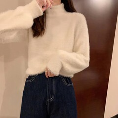 半高领白色加厚打底毛衣女秋冬软糯宽松保暖内搭海马毛针织衫上衣