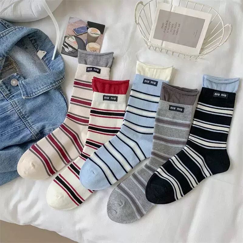 Yuan Run home European goods contrast color striped stitch cotton socks women's pile socks double Luo Kou live tide socks new thin socks