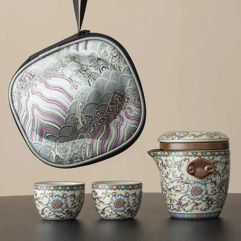 汝窑缠枝莲一壶二杯快客杯户外露营便携式旅行茶具茶水分离泡茶杯