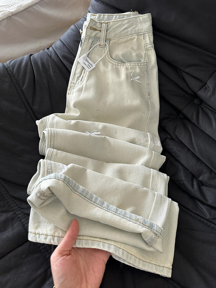Three Dimensional Bow Design With Hot Diamonds, High Waist And Slim Light Blue Jeans, Washed Straight And Casual Mopping Trousers_ecoleips.com