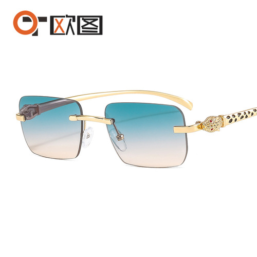 Colorful leopard head decoration frameless small square sunglasses fashion retro trend personality cross-border sunglasses 6060