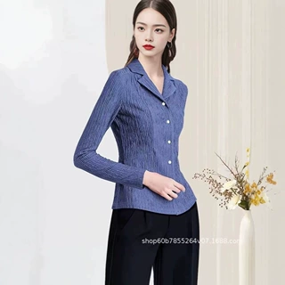 深蓝刺绣西装领衬衫显瘦通勤新上市女装高档衬衫修身时尚高级洋气