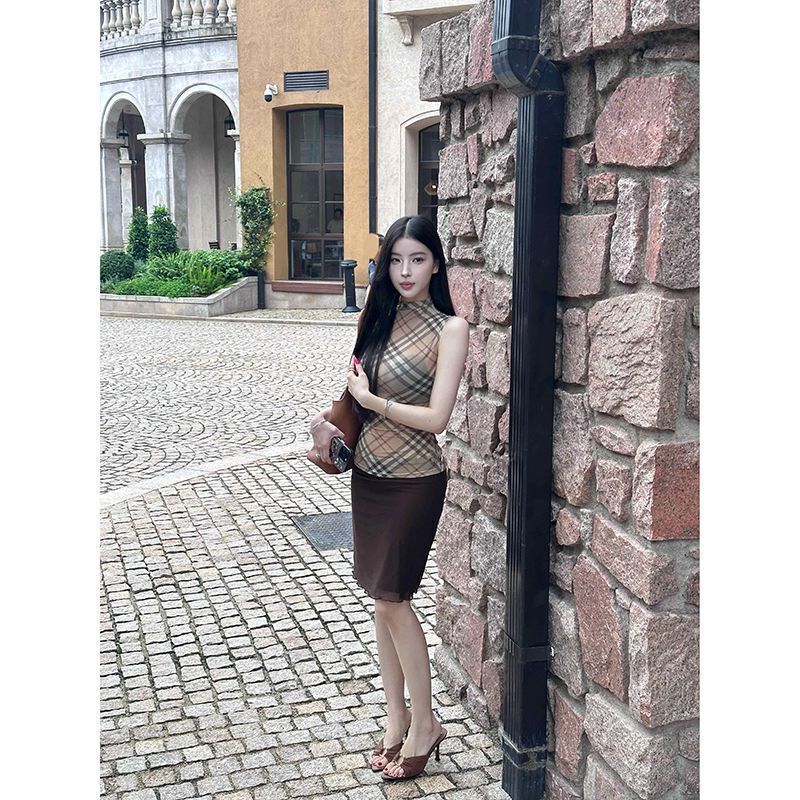 法式复古格子拼接无袖吊带背心女夏季新款修身显瘦短款百搭上衣潮|undefined