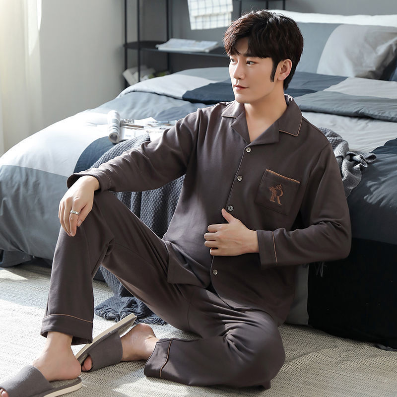 Pijamas de algodón los hombres traje manga larga primavera y otoño cardigan más tamaño desgaste exterior delgada desgaste del hogar verano