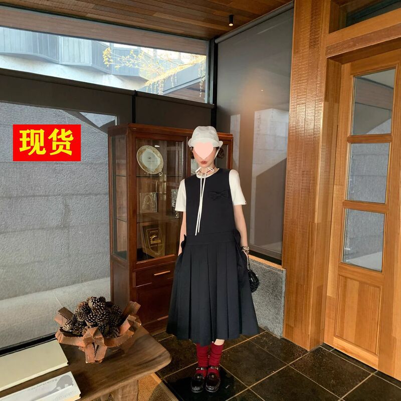 In Stock Zhou Meimei Fashionable Retro Bow Pleated Layered Vest Dress In Stock Zhou Meimei Fashionable Retro Bow Pleated Layered Vest Dress