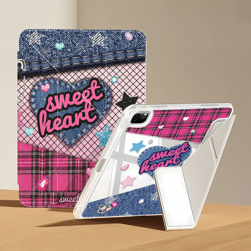 Creative Denim Embroidery Heart Design Suitable for iPad Pro 11inch Y-Fold Edge Sticker Tablet Protective Case, Niche Sweet and Cool Style