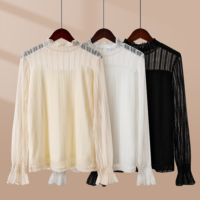 Fleece-lined Thickened Lace Base Shirt Women's Autumn and Winter New High Neck Stylishness Small Shirt Brushed Warm Mesh Top