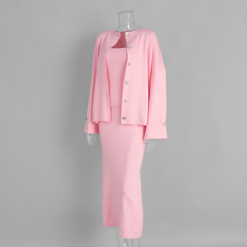Set 3 món nữ gồm áo cardigan dệt kim dài tay, áo hai dây và chân váy dài — Bộ 3 chiếc màu hồng, Bộ 3 món màu nâu, Bộ 3 món mơ chi tiết 5