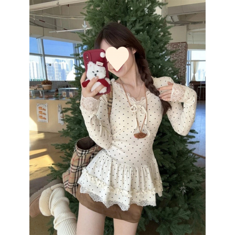 Korean-Style Lace Hem Patchwork Polka Dot Long-Sleeve T-Shirt, New Spring and Autumn Slim-Fit Base Layer Top Korean-Style Lace Hem Patchwork Polka Dot Long-Sleeve T-Shirt, New Spring and Autumn Slim-Fit Base Layer Top