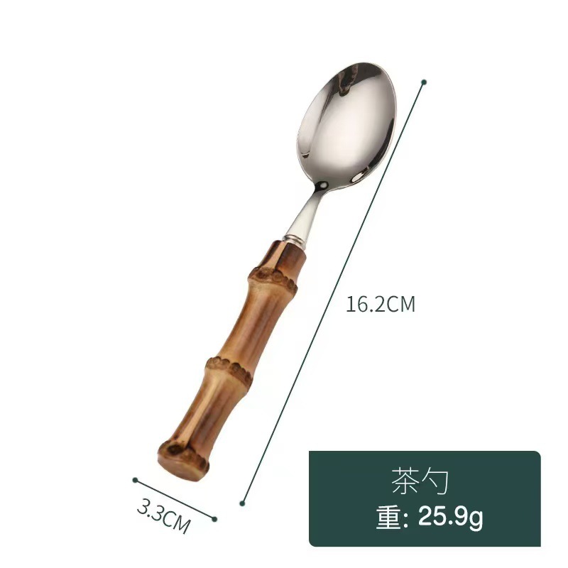 Cuchillo de bambú transfronterizo 304 Cuchillo, tenedor, mango de bambú natural, cuchara, tenedor, bistec, juego de tenedor, vajilla de acero inoxidable