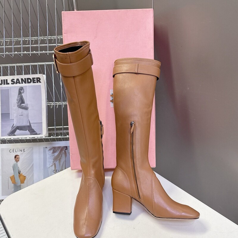 A Miu Slim Long Boots for Women 2025 New Autumn and Winter Retro Thick Heel No More Than Knee High Heel Knight Boots